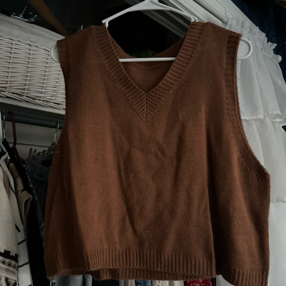 Brown knit sweater vest cropped